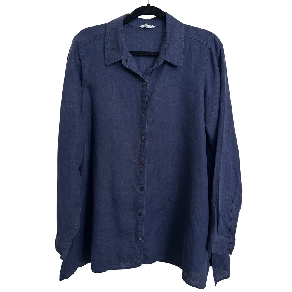 EILEEN FISHER 100% Organic Irish Linen Button Down Shirt Navy Blue Medium M